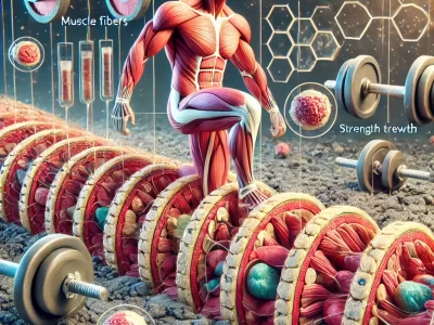 DALL·E 2024-08-15 16.13.15 - A detailed visual representation of muscle growth, showing the process of muscle fibers undergoing hypertrophy. The image should depict a cross-sectio